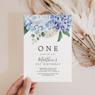 Convites Elegante Blue Hydrangea White Primeira Festa de an