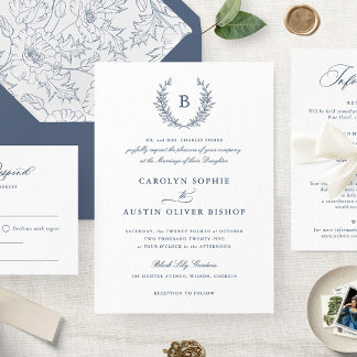 Convites Elegante Blue Laurel Wreath Casamento Monograma Cr