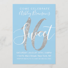 Convites Elegante Blue Silver Sequin Glitter Sweet 16