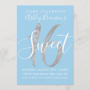 Convites Elegante Blue Silver Sequin Glitter Sweet 16