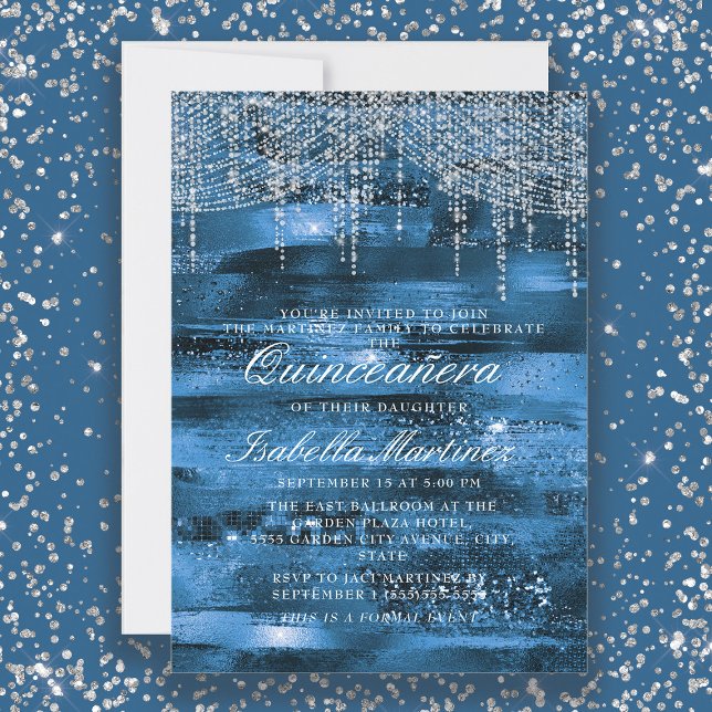 Convites Elegante Blue Silver String Luz Quinceañera (Elegant blue and silver string lights and glitter Quinceañera invitation)