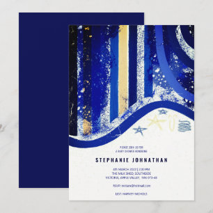 Convites Elegante Blue Stripes Spatters Chá de fraldas Est