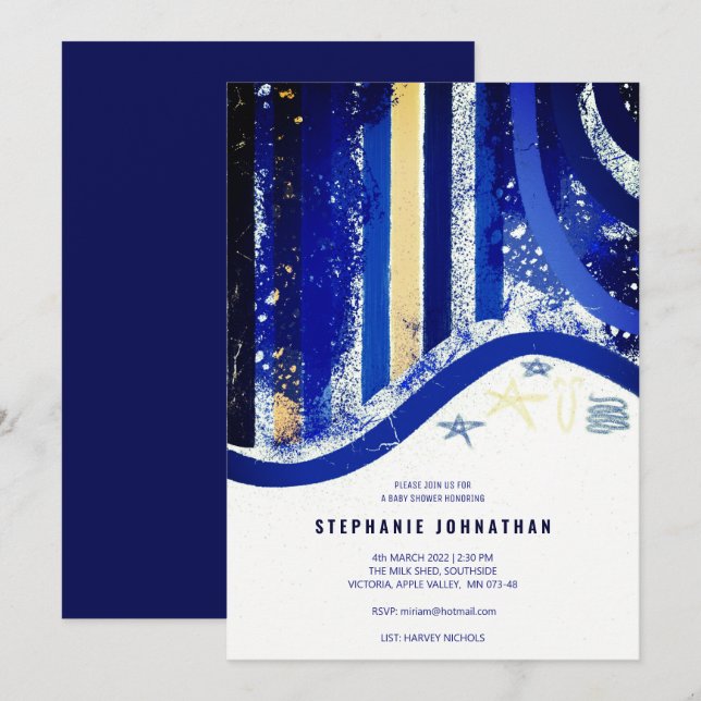 Convites Elegante Blue Stripes Spatters Chá de fraldas Estr (Frente/Verso)
