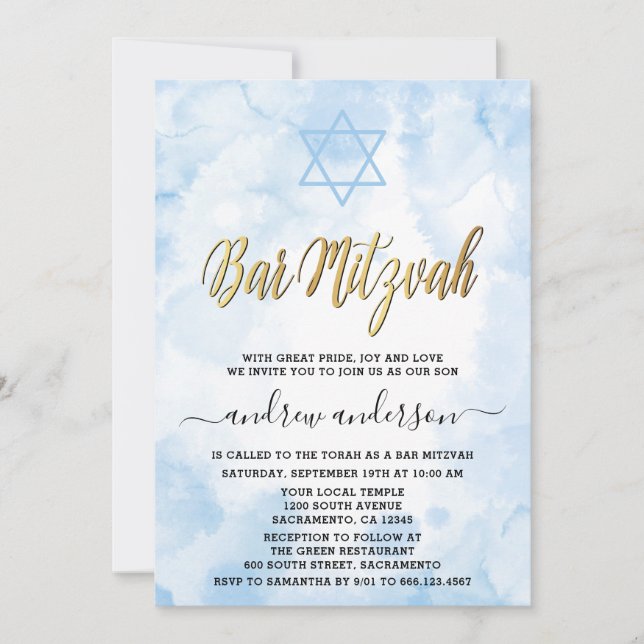 Convites Elegante Blue Watercolor Bar Mitzvah (Frente)