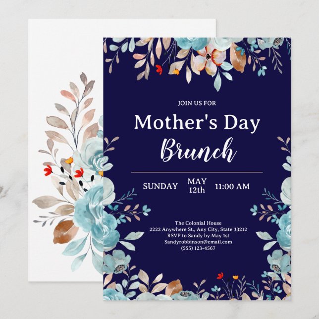 Convites Elegante Blue Wildflower Blue Brunch (Frente/Verso)