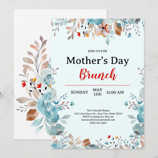 Convites Elegante Blue Wildflower Mint Brunch Dia de as mãe (Frente/Verso)