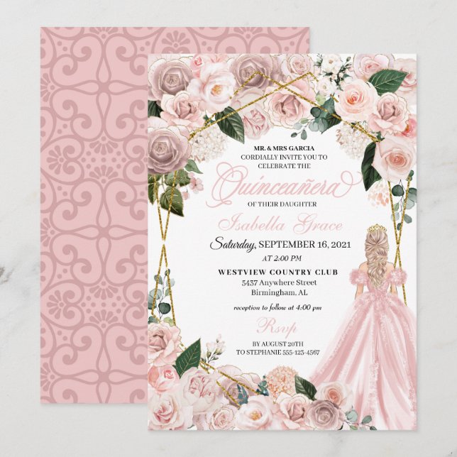 Convites Elegante Blush, cor-de-rosa e Dourada Quinceanera  (Frente/Verso)