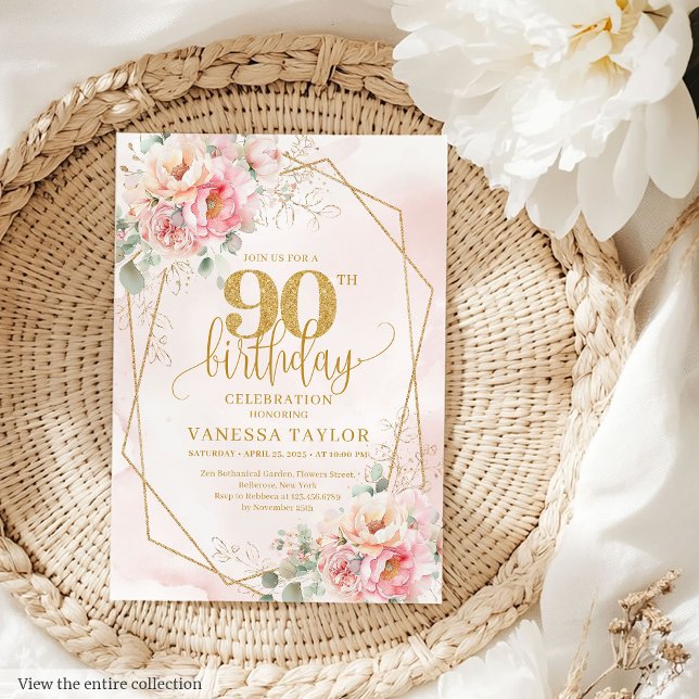 Convites Elegante Blush Dourado Brilhante, cor-de-rosa, 90 (Elegant Blush Pink Gold Glitter Flowers 90th Invite)