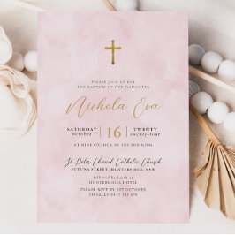 Convites Elegante Blush Dourado Cross Girls Baptism