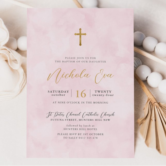 Convites Elegante Blush Dourado Cross Girls Baptism (Pink Watercolour Baptism Invitation)
