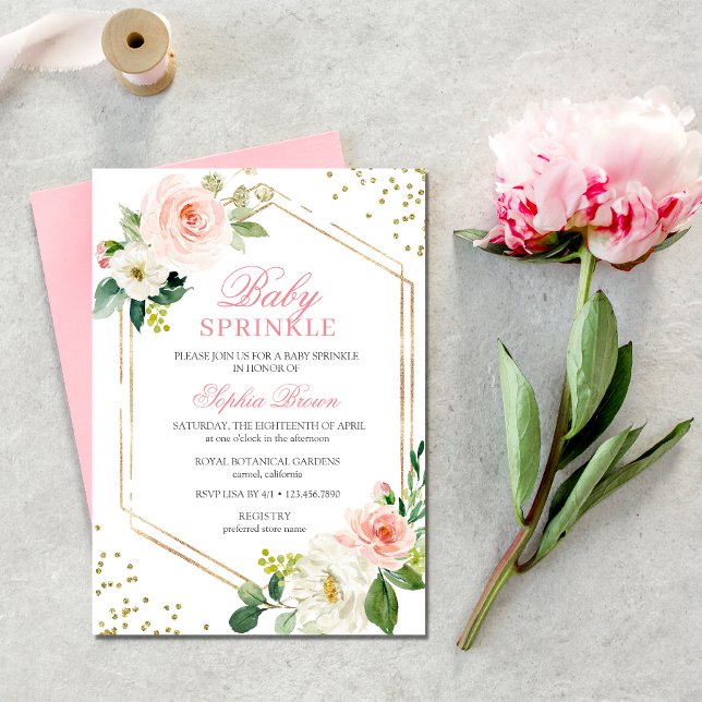 Convites Elegante Blush Dourado Floral Baby Sprinkle Brunch (Pink Floral Baby Sprinkle Invitation)