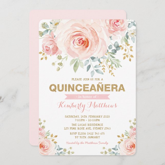 Convites Elegante Blush Dourado Verde Floral Quinceañera (Frente/Verso)
