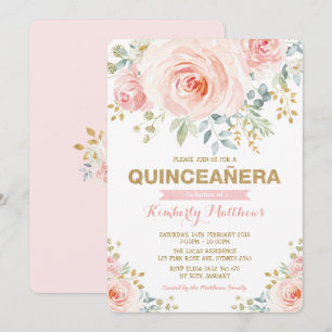 Convites Elegante Blush Dourado Verde Floral Quinceañera