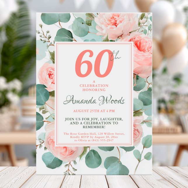 Convites Elegante blush floral 60º aniversário (Criador carregado)