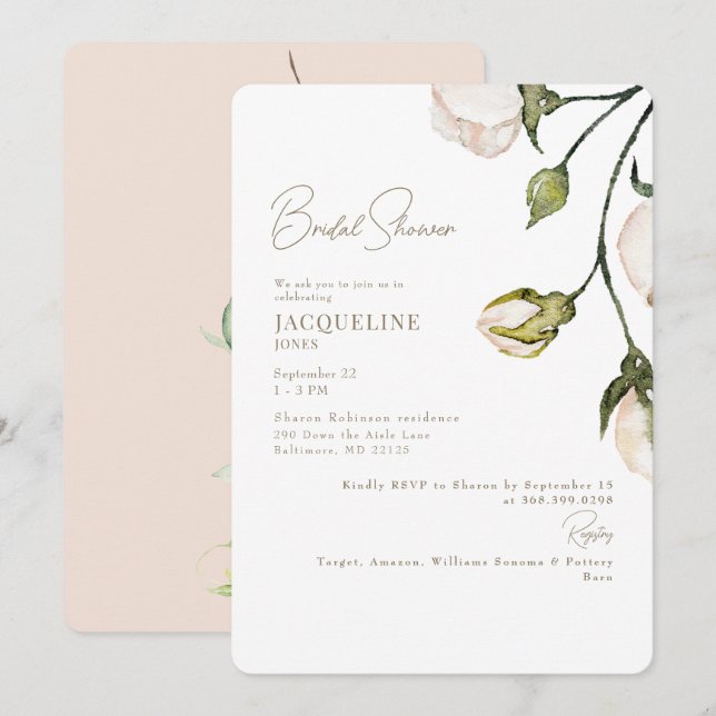 Convites Elegante Blush Floral Chá de panela Botânico (Frente/Verso)