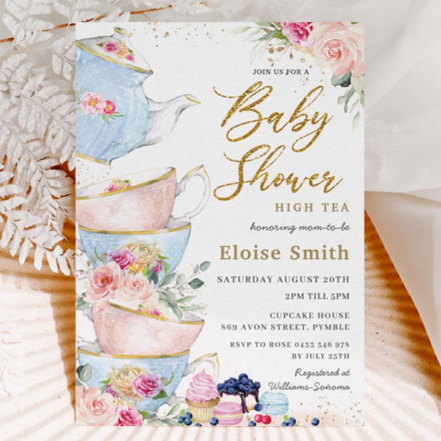 Convites Elegante Blush Floral High Tea Party Chá de fralda (Criador carregado)