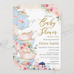 Convites Elegante Blush Floral High Tea Party Chá de fralda