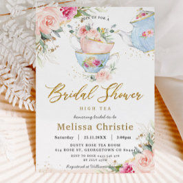 Convites Elegante Blush Floral High Tea Party Chá de panela