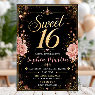 Convites Elegante Blush Floral Rosa Dourado Preto Sweet 16
