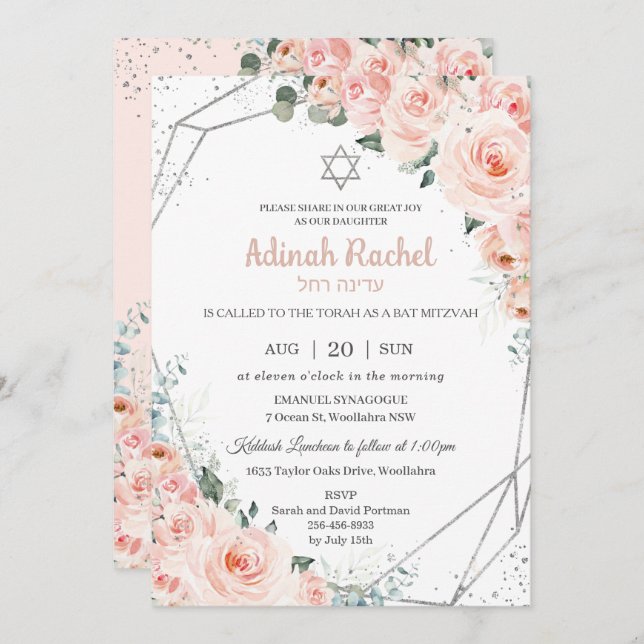 Convites Elegante Blush Floral Rosas Silver Bat Mitzvah (Frente/Verso)
