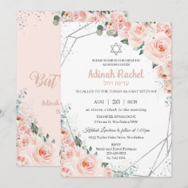 Convites Elegante Blush Floral Rosas Silver Bat Mitzvah