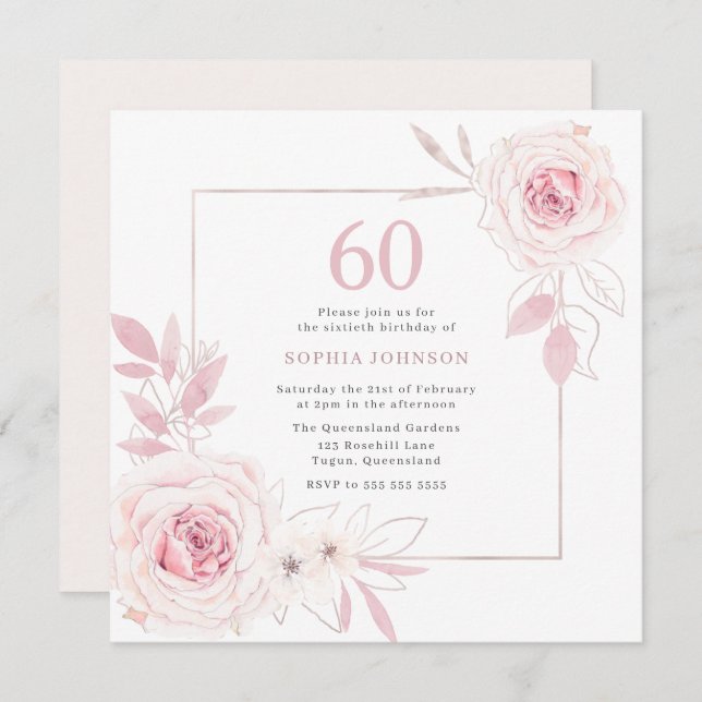 Convites Elegante Blush Floral Wreath Frame 60º Aniversário (Frente/Verso)