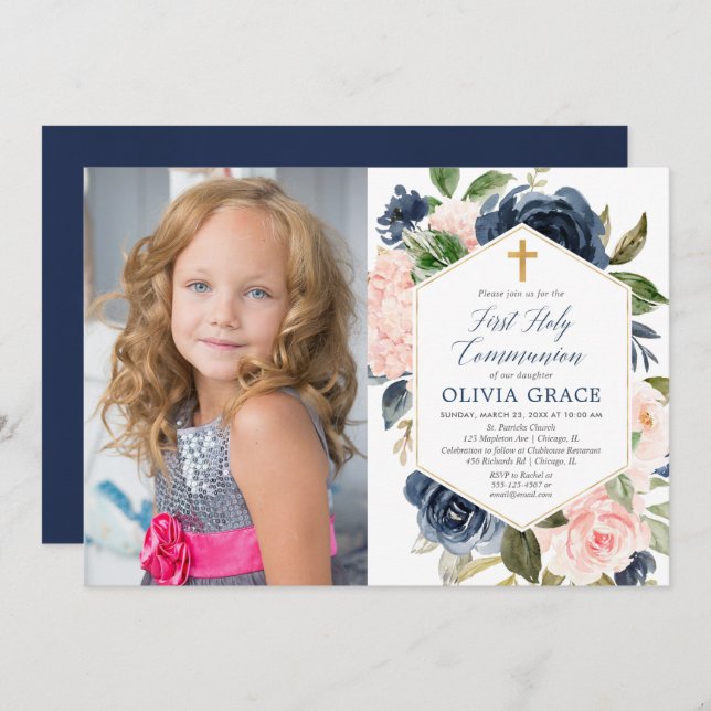 Convites Elegante blush marinho primeira foto de comunhão s (Frente/Verso)