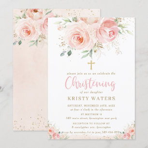 Convites Elegante Blush Pink Floral Dourado Christening
