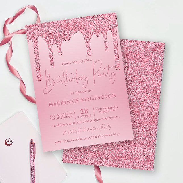 Convites Elegante Blush Pink Sparkle Drives Aniversário (Criador carregado)