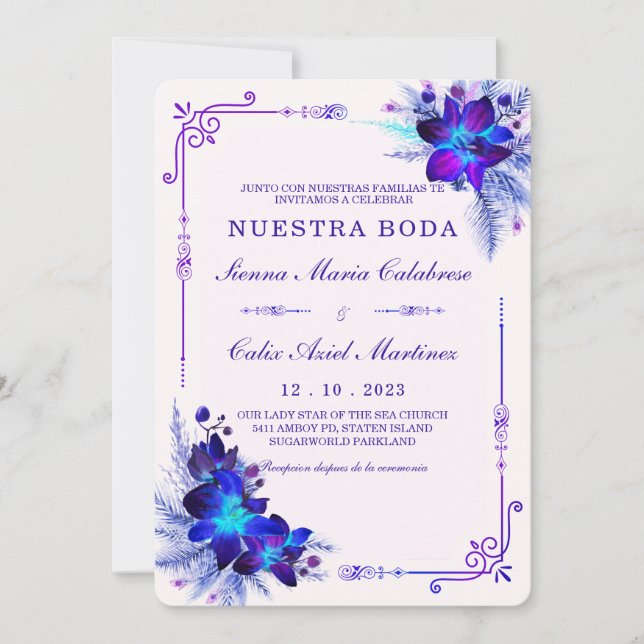 Convites Elegante boda con orquídeos azules y moradas (Frente)