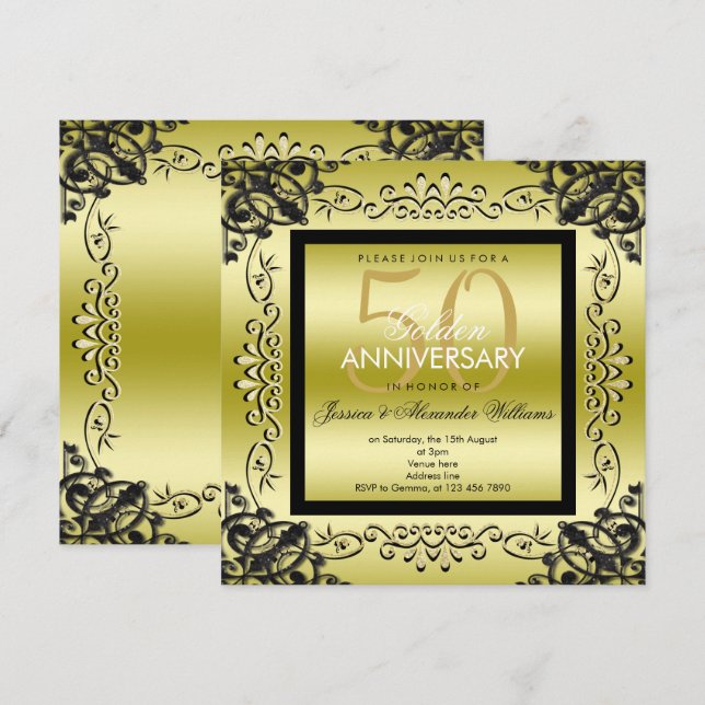 Convites Elegante Boda de Ouro & Preto para Mulheres 50º Ca (Frente/Verso)