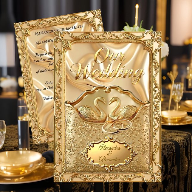 Convites Elegante Bodas Cisnes Dourados Anéis Ouro Diamante (Criador carregado)