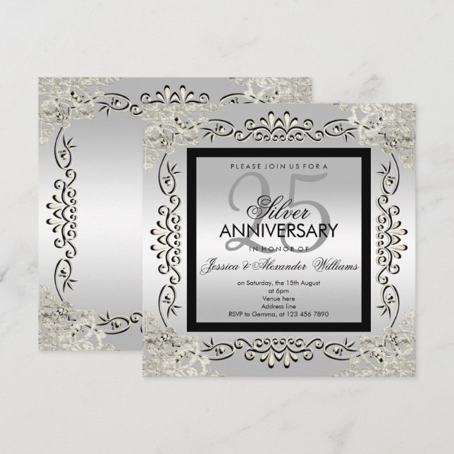 Convites Elegante Bodas de Prata e Preto de 25 Anos (Frente/Verso)