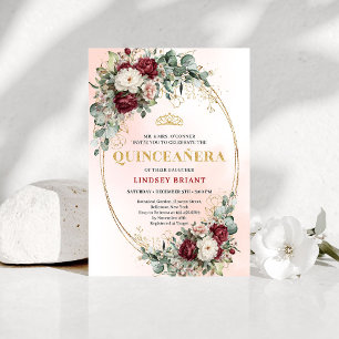 Convites Elegante Boêmio Borgonha Floral Dourado Quinceañer