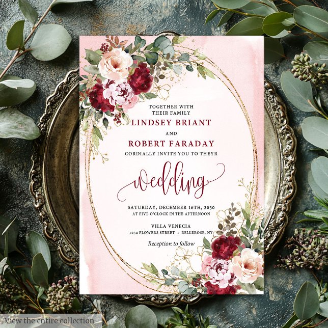 Convites Elegante Boho Borgonha Bege Dourado Casamento Flor (Elegant Boho Burgundy Blush Gold Floral Wedding Invite

)