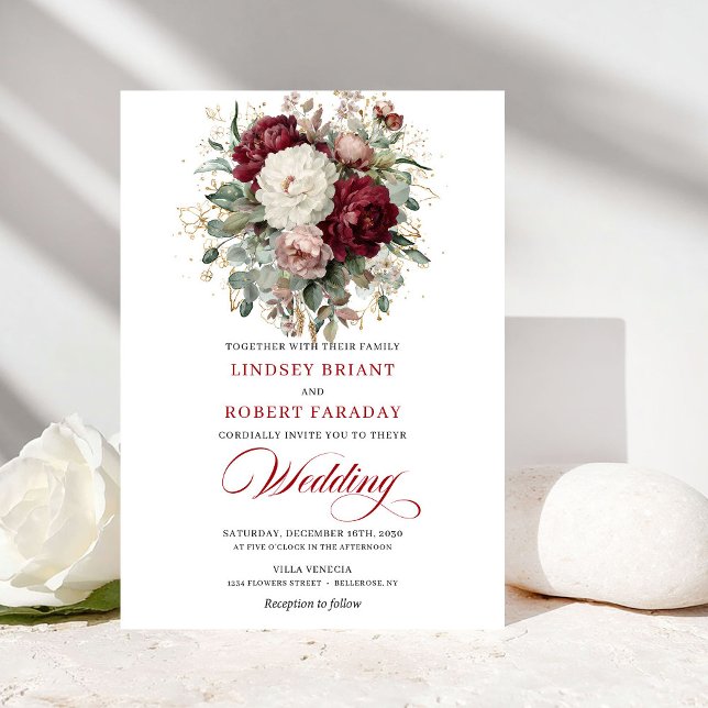 Convites Elegante Boho Borgonha Branco Floral Dourado Casam (Elegant Boho Burgundy White Floral Gold Wedding Invitation)
