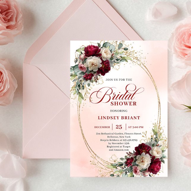 Convites Elegante Boho Borgonha Dourado Floral Chá de Noiva (Elegant Boho Burgundy White Floral Gold Bridal Shower)
