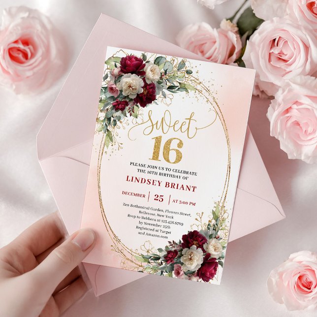 Convites Elegante Boho Borgonha Dourado Floral Sweet Sixtee (blush and burgundy flowers roses,
burgundy blush 16th birthday invitation,
boho watercolor deep red )