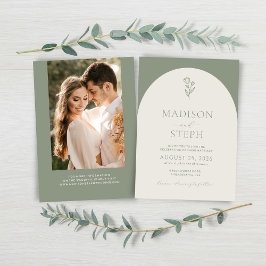 Convites Elegante Boho Botânico Sage Foto de Casamento Verd