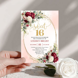 Convites Elegante Boho Burgundy Blush Dourado Floral Sweet 