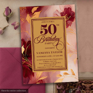 Convites Elegante Boho Burgundy Blush Rosas Dourados 50º Bd