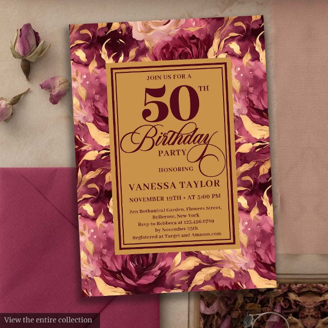 Convites Elegante Boho Burgundy Dourado Floral 50º Aniversá (Elegant Boho Burgundy Gold Floral 50th Birthday Invitation)