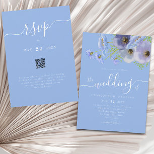 Convites Elegante Boho Chic Floral Azul Código QR de Casame