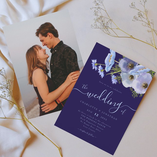 Convites Elegante Boho Chic Floral Azul Foto Casamento (Elegant watercolor garden floral bouquet navy blue wedding photo invitation)