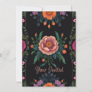 Convites Elegante boho chic floral vintage preto