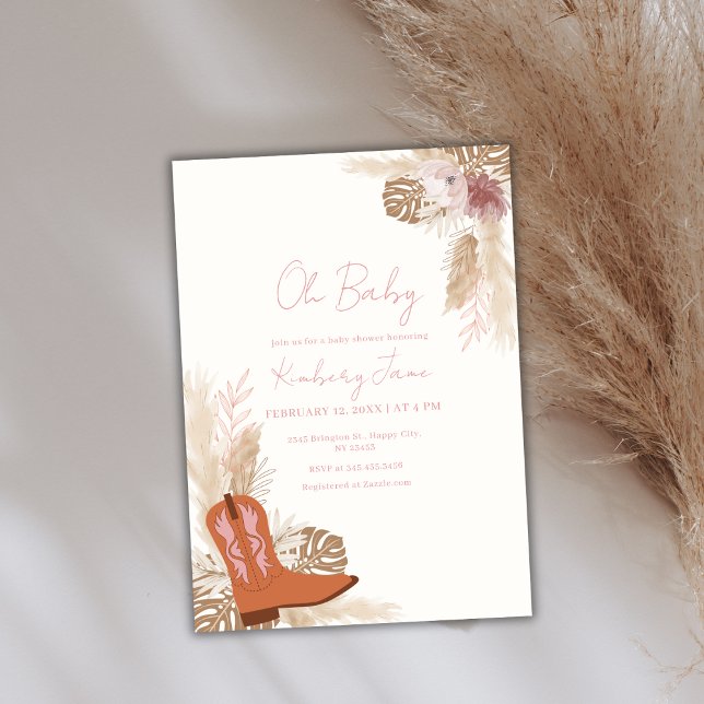 Convites Elegante Boho Cowgirl Boots Chá de fraldas Pampas (Elegant Boho Cowgirl Boots Pampas Baby Shower Invitation)