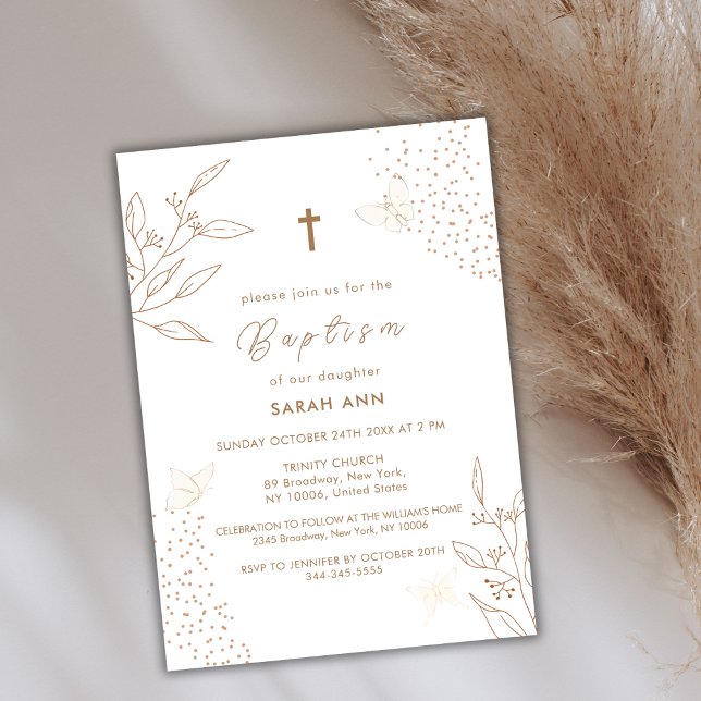 Convites Elegante Boho Dourado deixa borboleta atravessando (Elegant Boho Gold Leave Butterfly Cross Baptism Invitation)