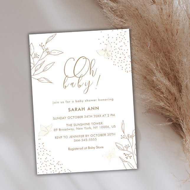 Convites Elegante Boho Dourado deixa Chá de fraldas borbole (Elegant Boho Gold Leaves Butterfly Baby Shower Invitation)