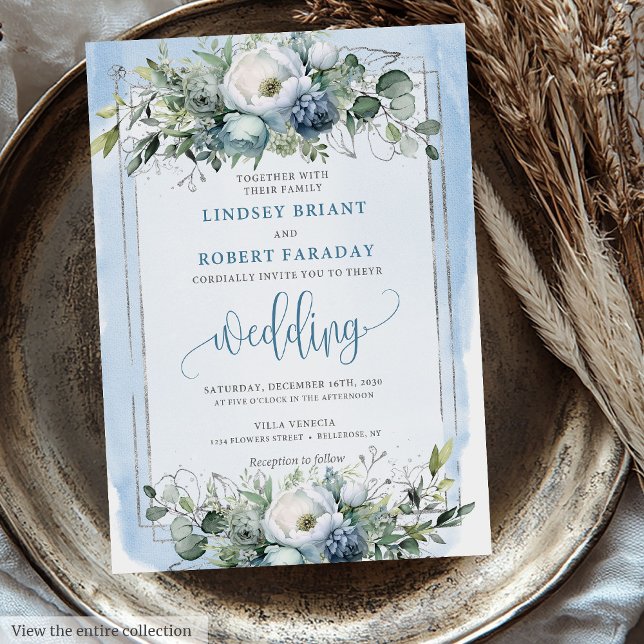 Convites Elegante Boho Dusty Rosas de Prata Branca Azul (Elegant Boho Dusty Blue White Silver Peonies Wedding Invitation)