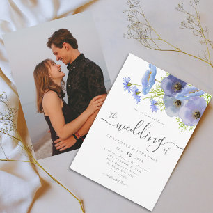 Convites Elegante Boho Floral Azul em Aquarela para Foto de